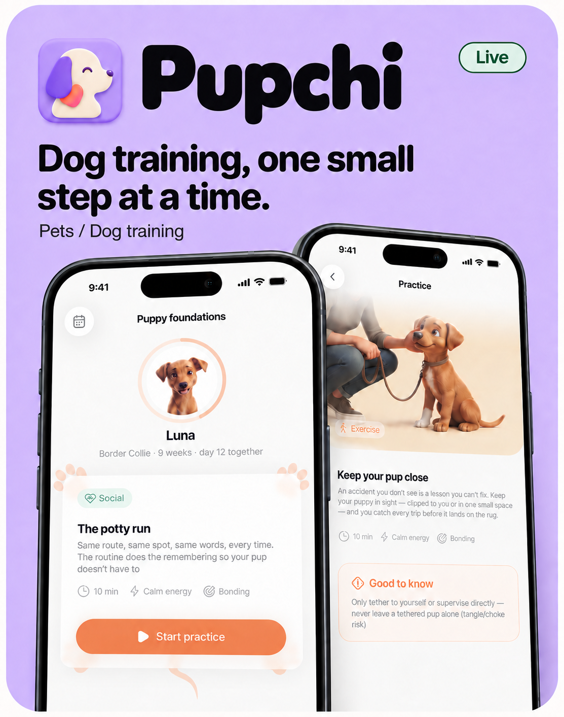 Pupchi product card showing puppy training app screens